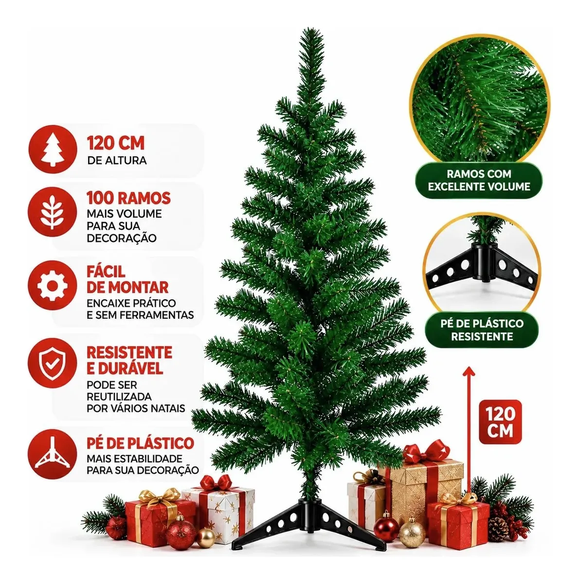 Árvore de Natal verde da opção econômica, inteira sobre fundo branco, com caixas de presente ao pés